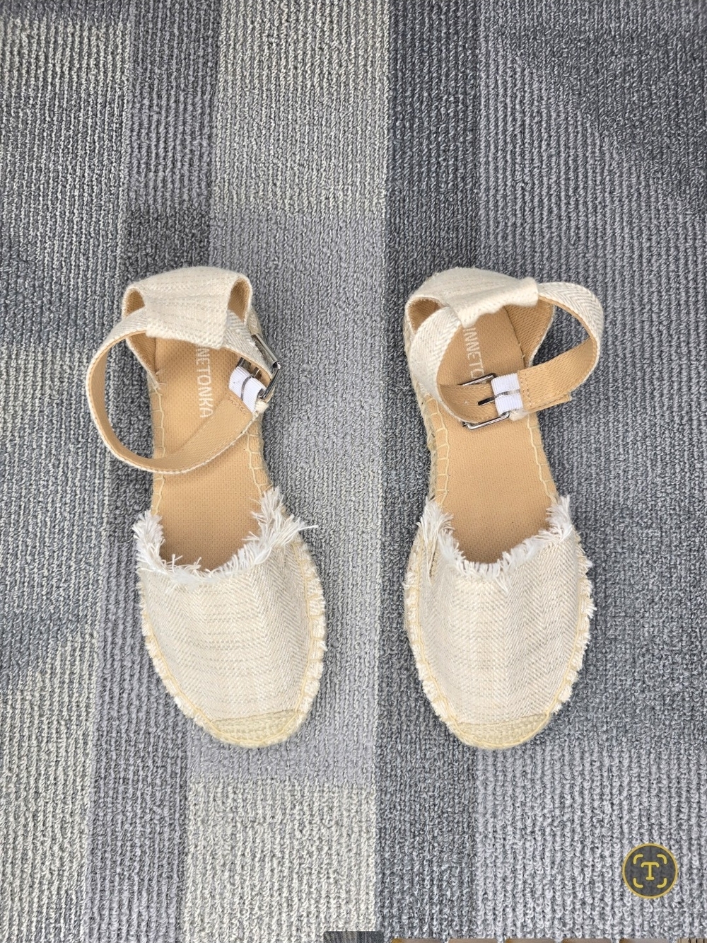Minnetonka Cream Frayed Espadrille Ankle-Strap Sandals NWOB